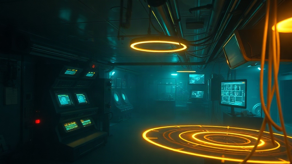 Glowing network trace over a dark sonar bay